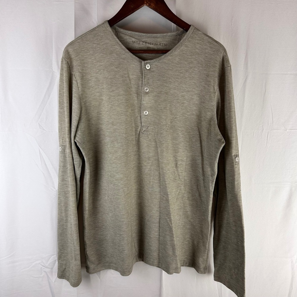 MIZZEN+MAIN Long‎ Sleeve Henley Shirt Heather Gray Tan Roll Tab Sleeve Mens XL